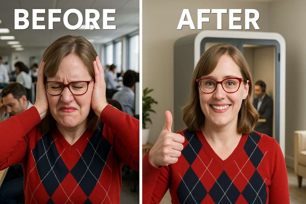 Side-by-side before and after photo of a corporate woman in an office showing the effects of noise control, with a noisy open office on the left and a quiet workspace with an office pod on the right.