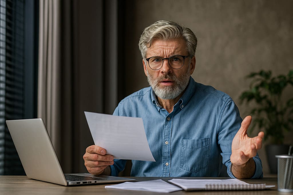 middle-aged man in modern office looking concerned while reading papers about formaldehyde in office furniture next to a laptop and documents