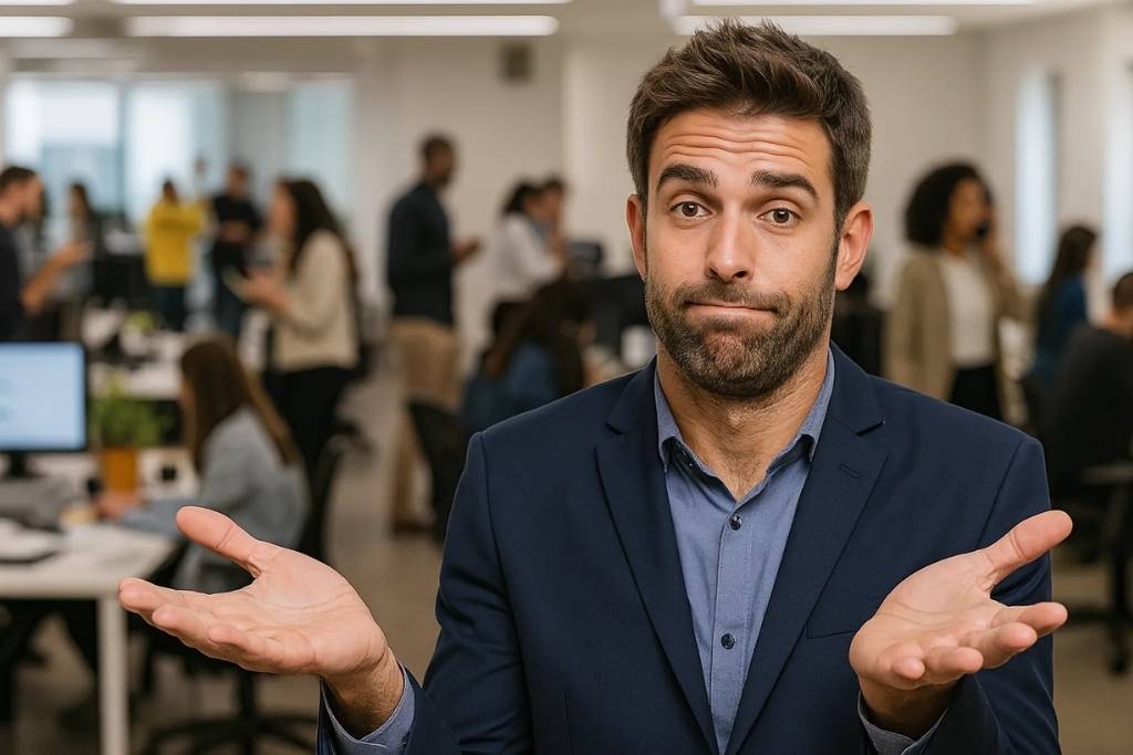 A confused office worker in a noisy open-plan workspace, highlighting workplace distractions and the need for quiet spaces to improve focus.