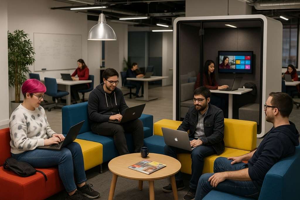 A modern coworking space featuring a fully enclosed office pod where people work in a quiet, private area surrounded by open seating and collaborative zones.