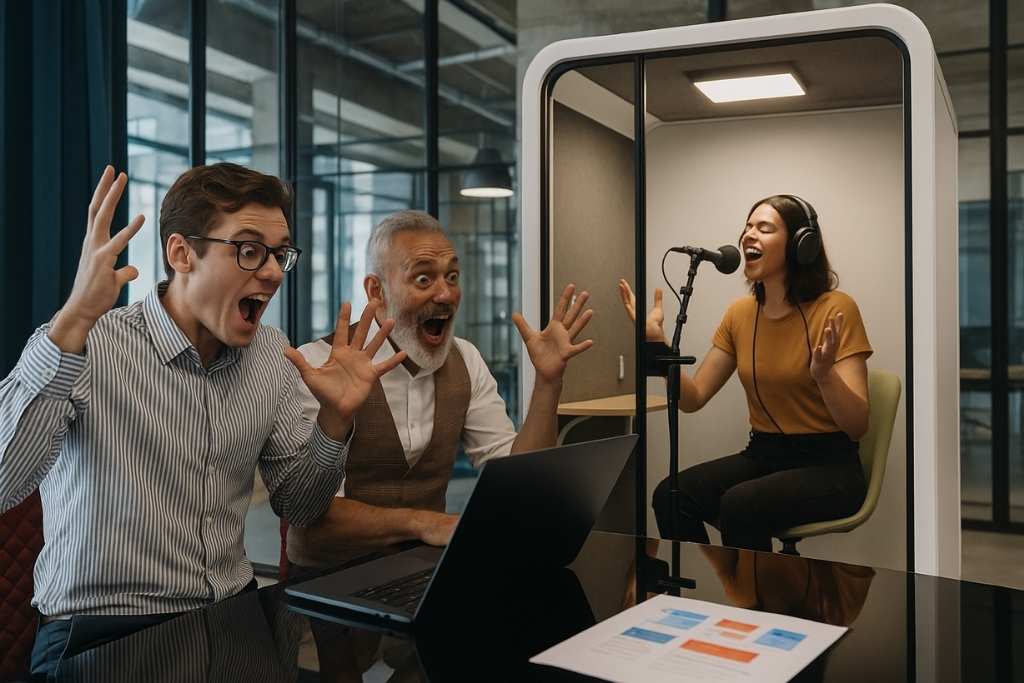 Two excited coworkers reacting to a singer recording inside a modern Thinktanks office pod converted into a soundproof studio in a bright workspace.