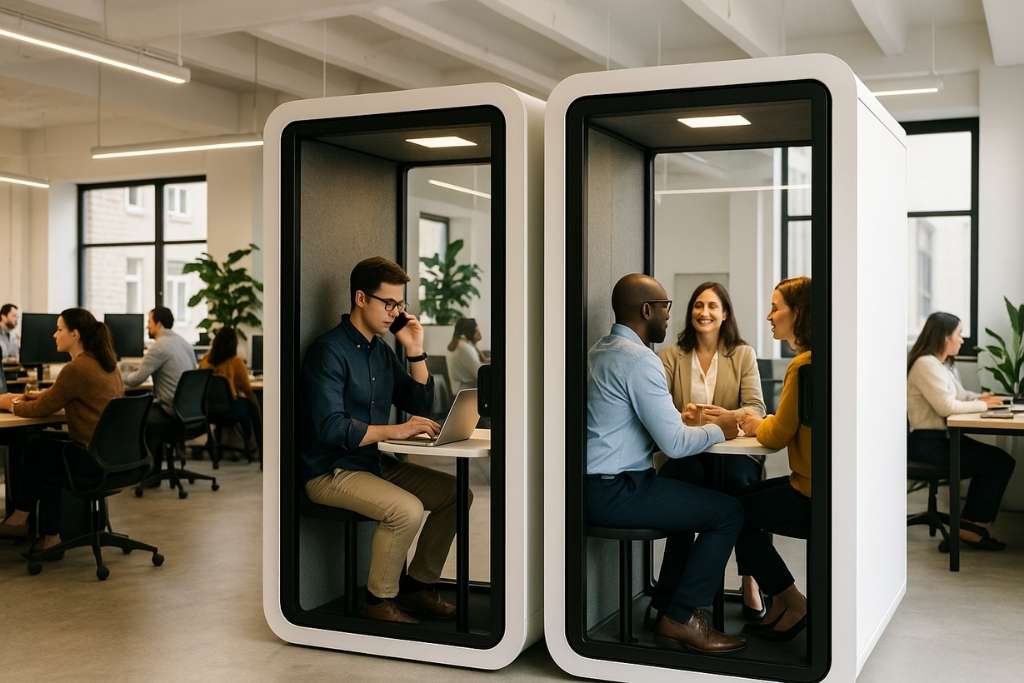 Two office pods in a shared workspace—one used for a phone call and the other for a team meeting—surrounded by open desks and coworkers.