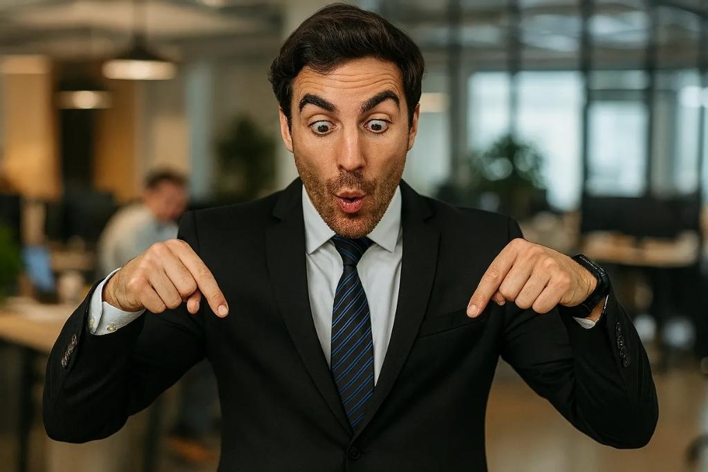Excited businessman in a suit pointing downward with a surprised expression, standing in a modern office environment.