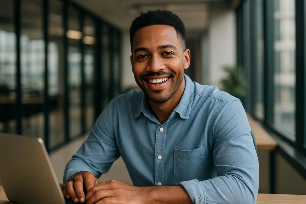 Man in a blue shirt smiling at the camera in an office setting