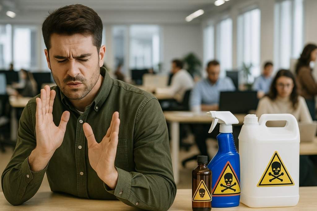 A brunette man in an open office reacting to toxic chemicals on his desk, symbolizing harmful substances found in modern office furniture.