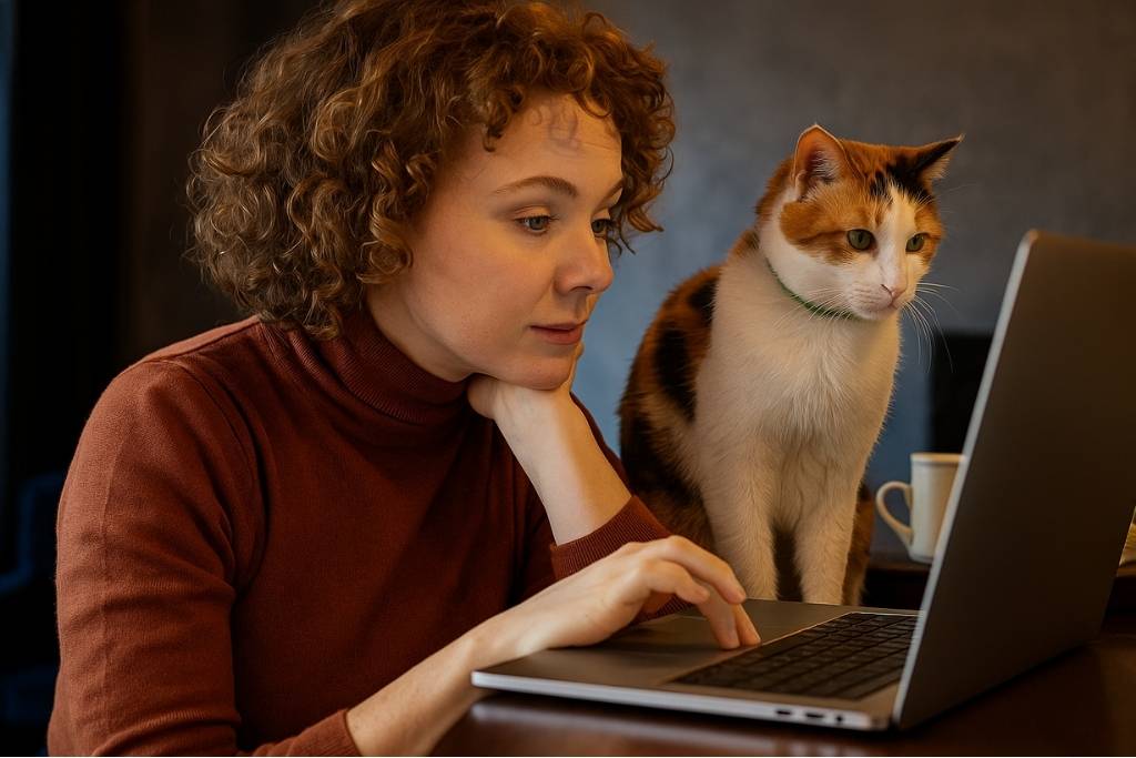 A focused woman working on her laptop at home with a cat beside her in a cozy workspace, showing mindfulness and balance while working remotely.