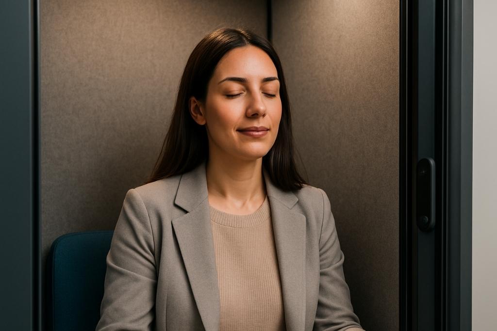 Woman meditating inside a modern office privacy pod for mindfulness and focus at work