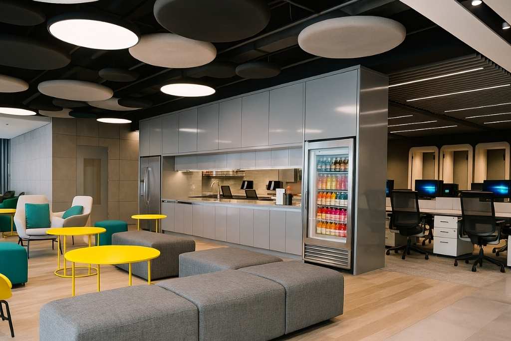 Modern office lounge with snack station, colorful seating, and private work pods in a sleek open-concept workspace.