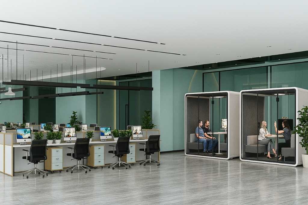 Modern office space with workstations and private pod areas.