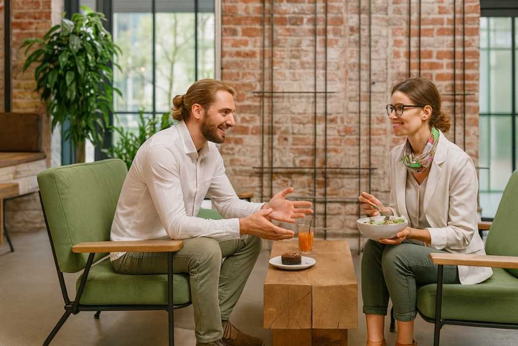 Two colleagues collaborating in a modern office with natural light, ergonomic seating, and greenery for a productive workspace.