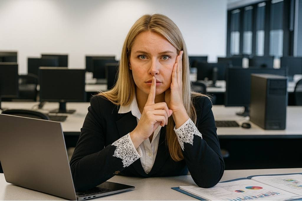 Caucasian woman in a modern office making a quiet gesture while sitting at a desk with a laptop and documents, highlighting office distractions solutions