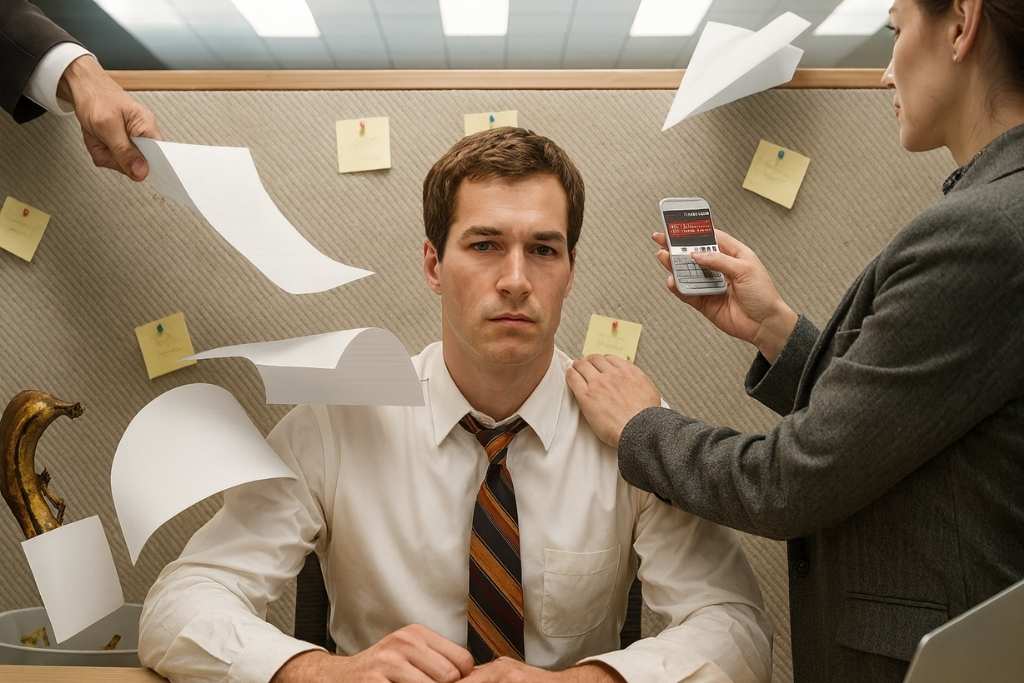 Office worker overwhelmed by workplace distractions with papers, phone, and colleagues interrupting in a busy cubicle.