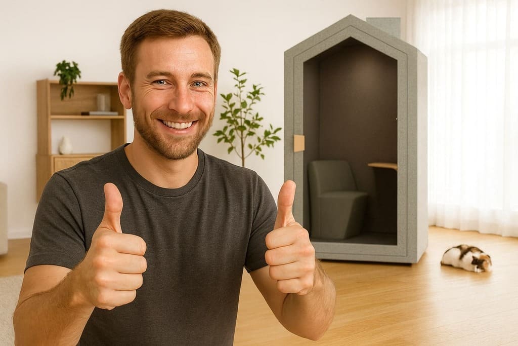 Smiling businessman giving thumbs up beside a soundproof home office pod in a modern living room with a sleeping cat on the floor.