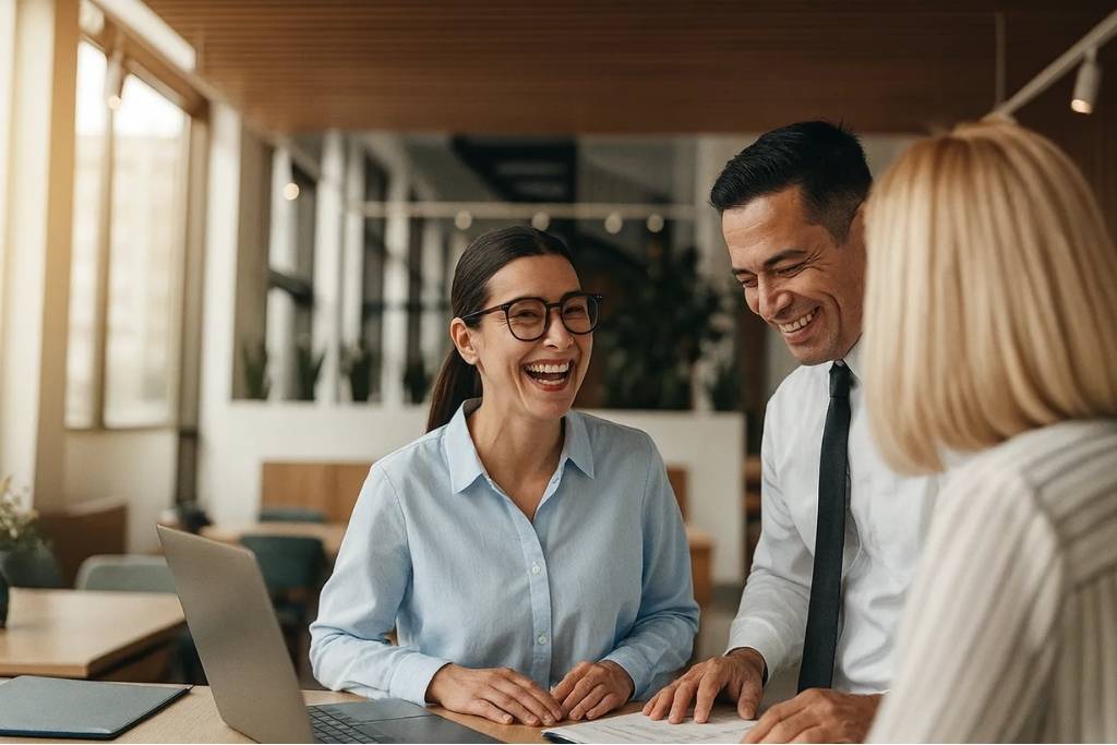 Employees smiling and collaborating in a modern office after smart office upgrades improved teamwork and workplace satisfaction.
