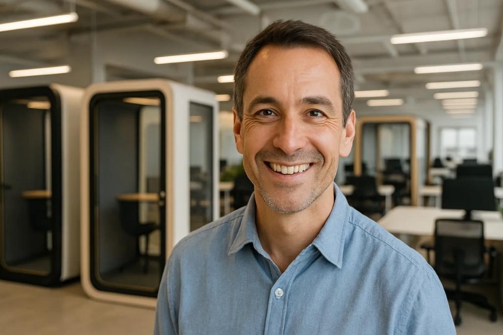 Man smiling in an office setting with modern office pods, furniture, and glass walls.