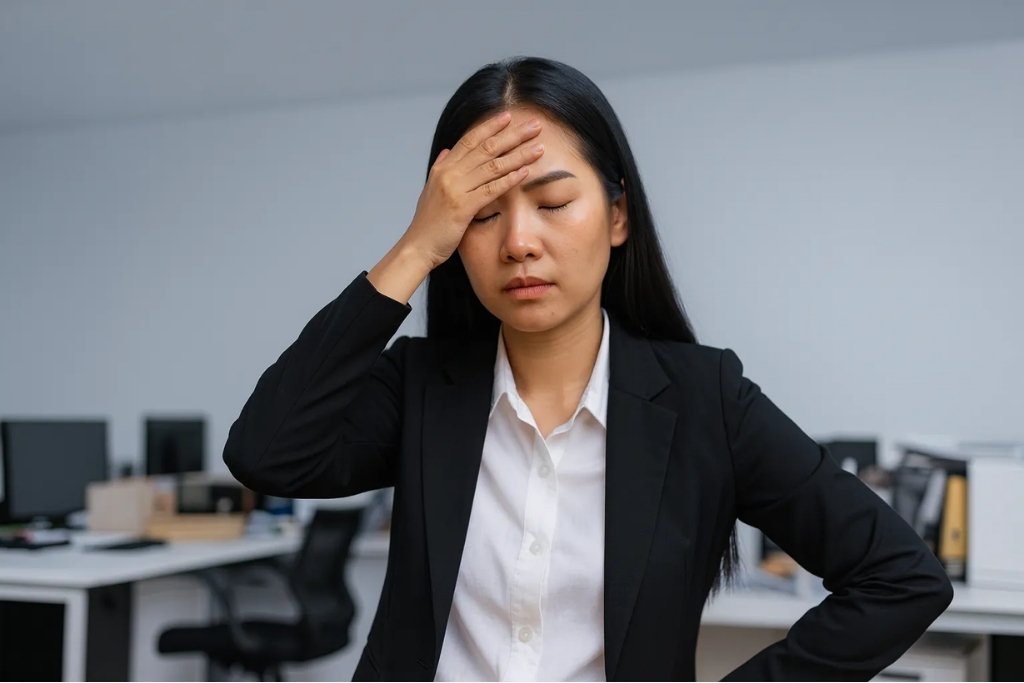 A professional woman in a modern office holding her forehead in frustration, symbolizing stress caused by common office design mistakes.