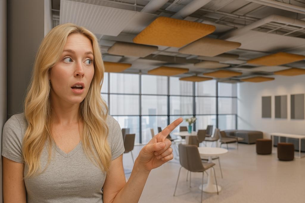 A surprised blonde woman in a modern office lounge pointing to the right, highlighting an open workspace with city views and acoustic ceiling panels.