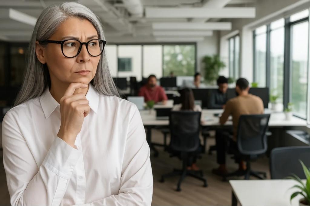 A thoughtful female manager in a modern open office, considering quiet workspace solutions for better employee productivity