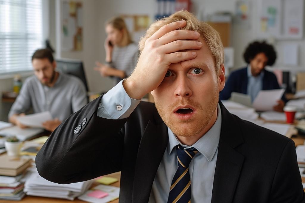 A stressed office worker holding his forehead in a messy workspace filled with visual clutter, symbolizing how disorganized offices affect productivity.