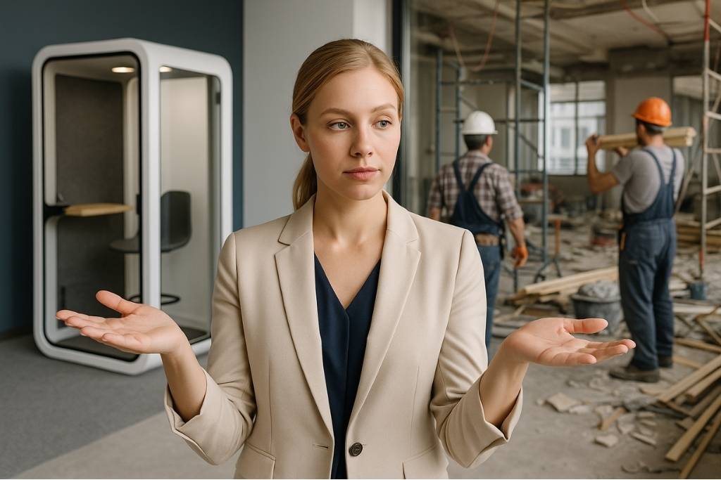 A corporate woman comparing an office pod and a renovation site, symbolizing the choice between modern modular pods and traditional office remodeling.