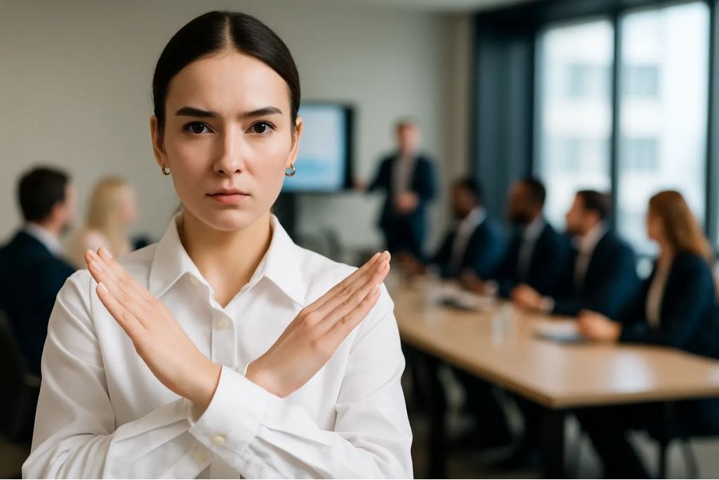 A serious woman crossing her arms in front of a busy conference room, symbolizing the shift from large meeting rooms to modern meeting room pods.