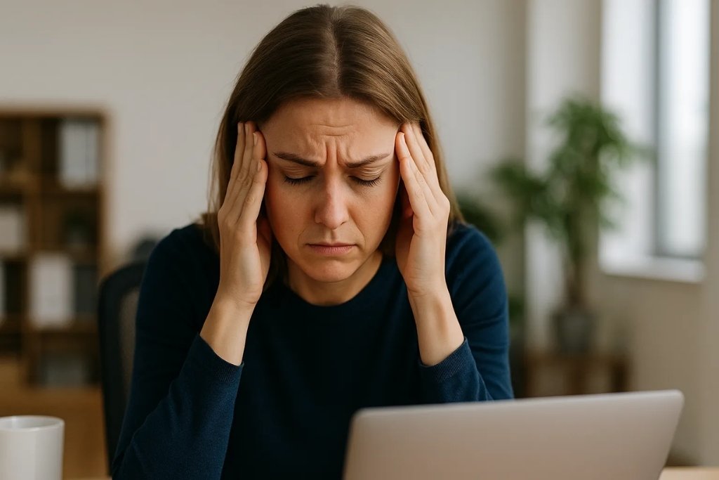 Frustrated woman with hands on temples showing signs of burnout while working on a laptop in a home office