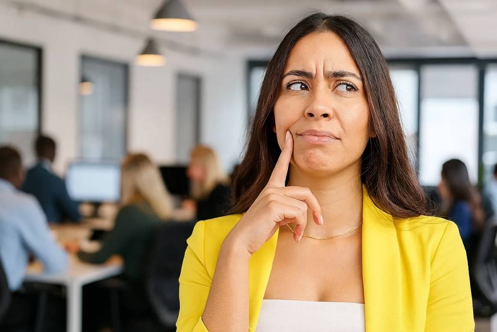 Young woman in yellow blazer looking thoughtful in a busy open-plan office, representing workplace fatigue and constant mental load.