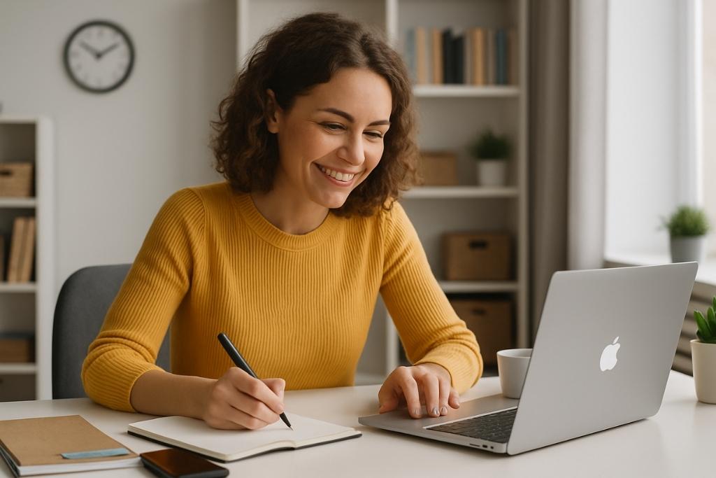 Smiling woman working from home at a white desk with a MacBook in a bright and organized home office setup