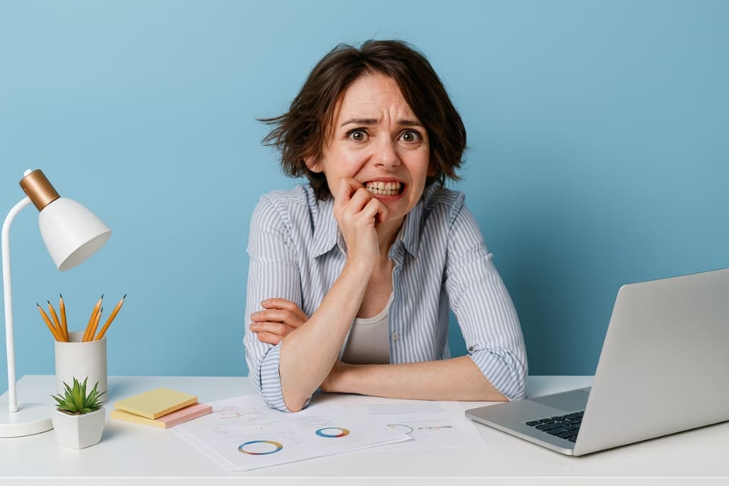 An anxious office worker sitting at a desk with a laptop, papers, and a lamp, showing visible stress and tension in a modern workplace setting.