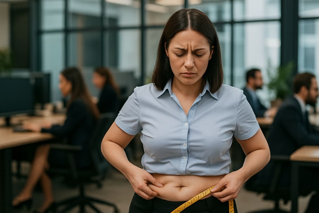 Woman in a busy office measuring her waist to show how work stress can lead to weight gain