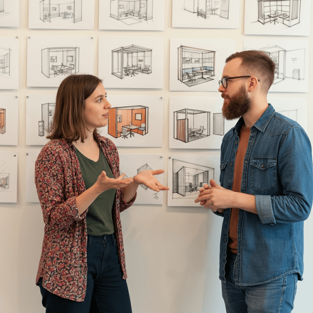 Two employees communicate against the design wall of an open office space