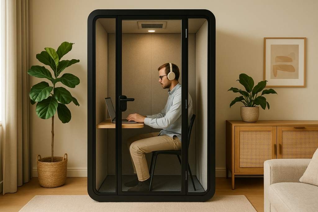 Man wearing headphones inside a modern soundproof office pod in a home office setting with natural light and indoor plants