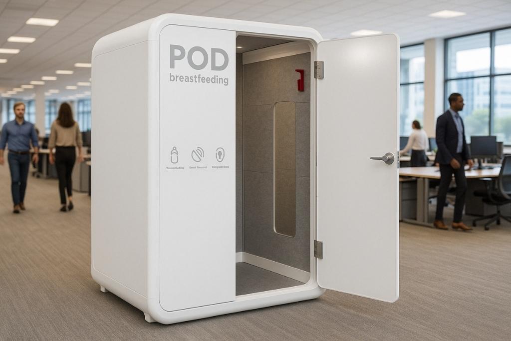Thinktanks mock up ADA-compliant breastfeeding pod installed in a modern open-plan office with employees walking nearby