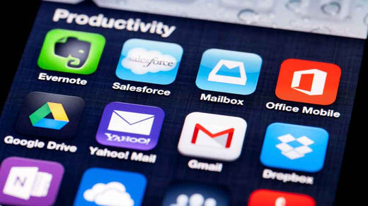 App icons on a mobile phone organized into a 'Productivity' bucket