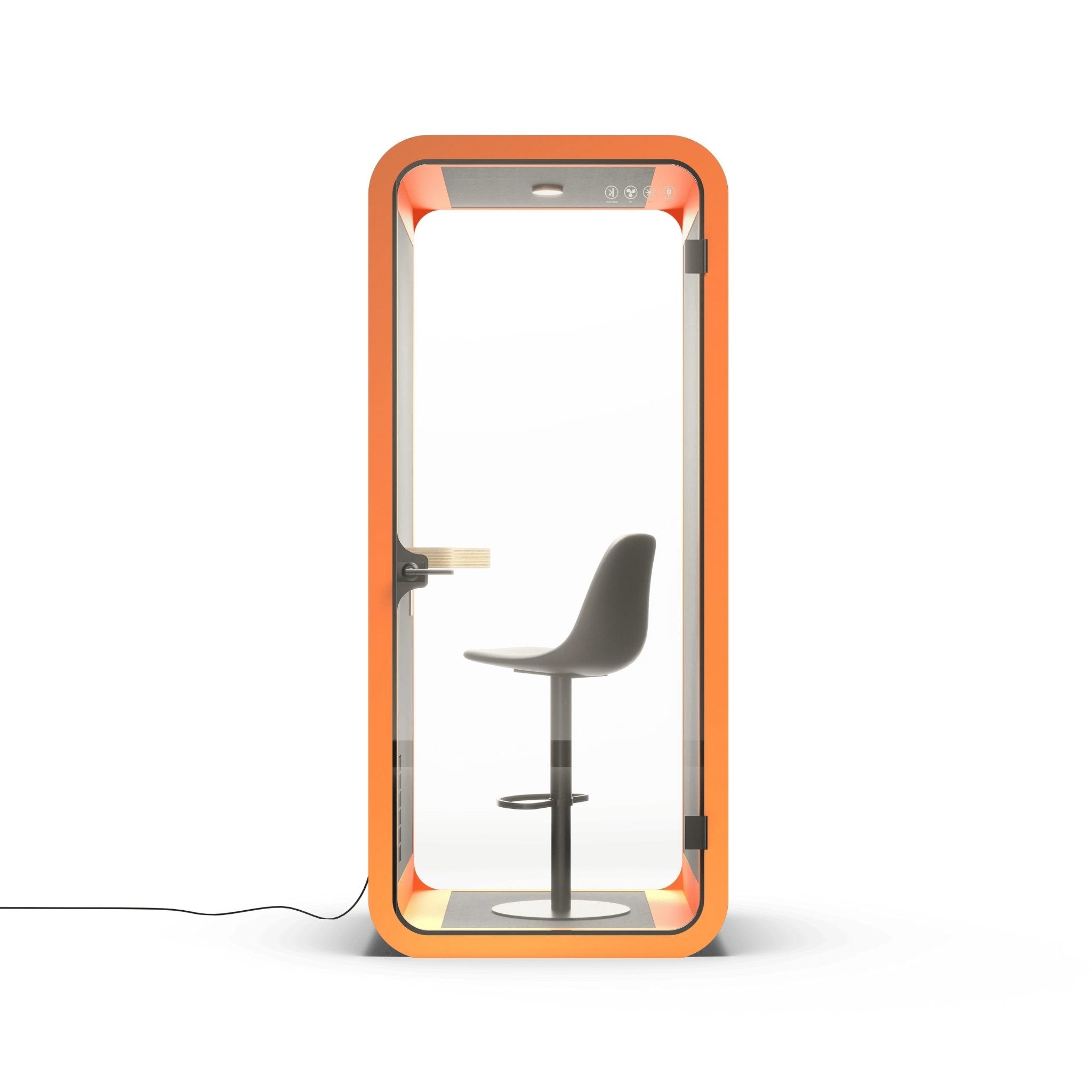 Front view of a modern single person office phone booth with an orange frame and glass wall on a white background