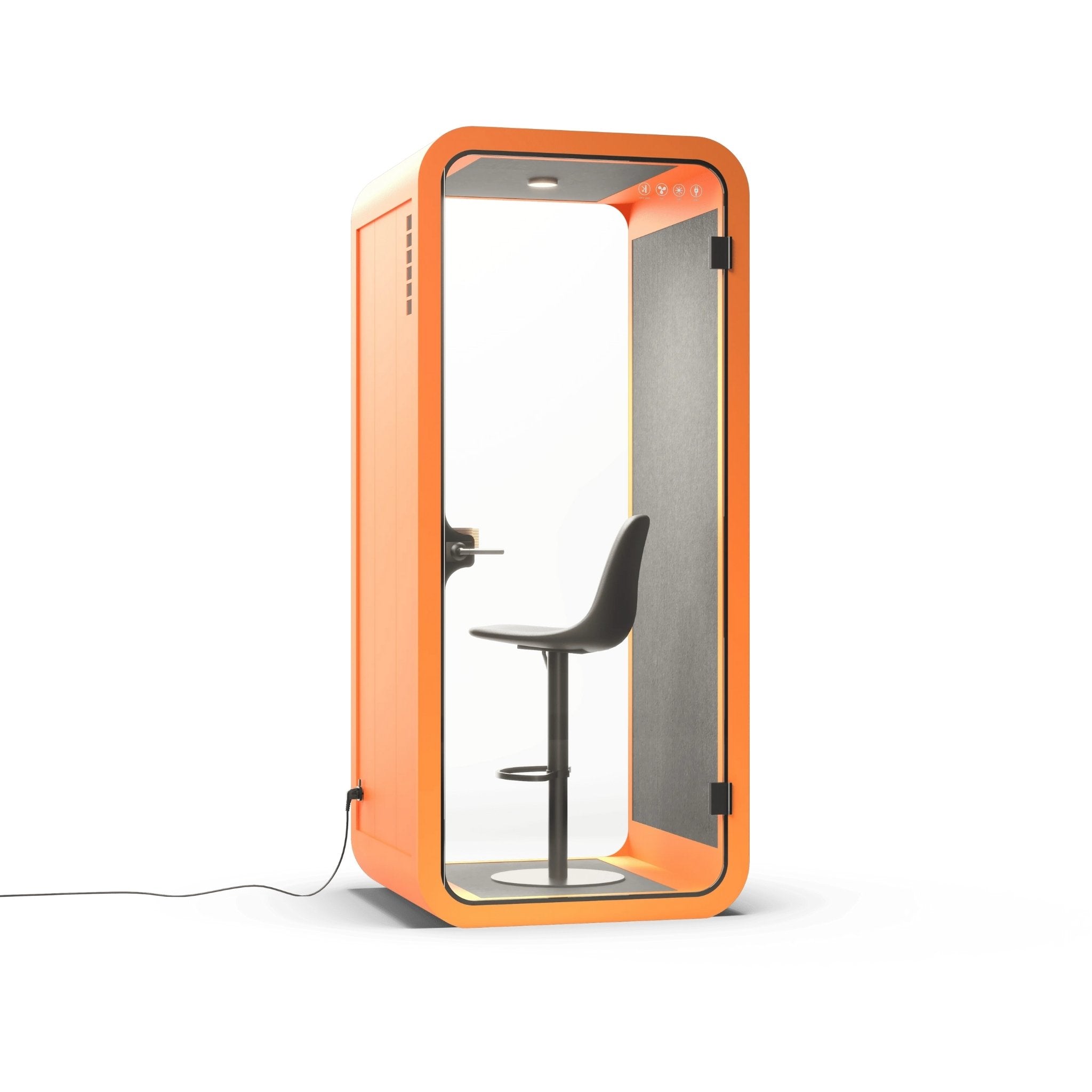 Angle view of a modular orange phone booth for one person with a chair inside on a white background
