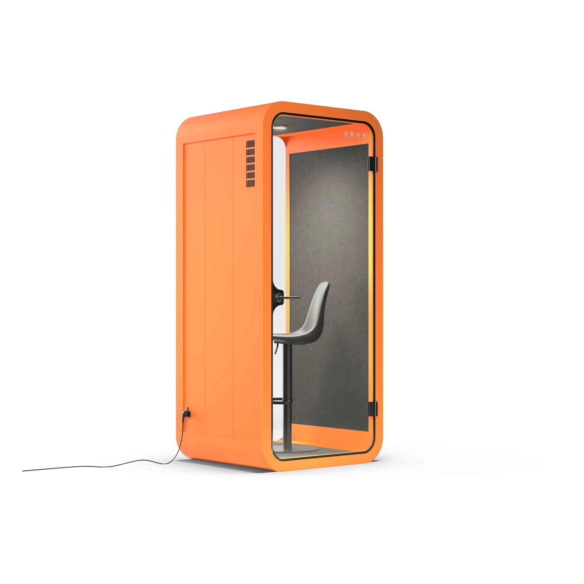 Side view of an orange portable phone booth for 1 person with a gray interior on a white background