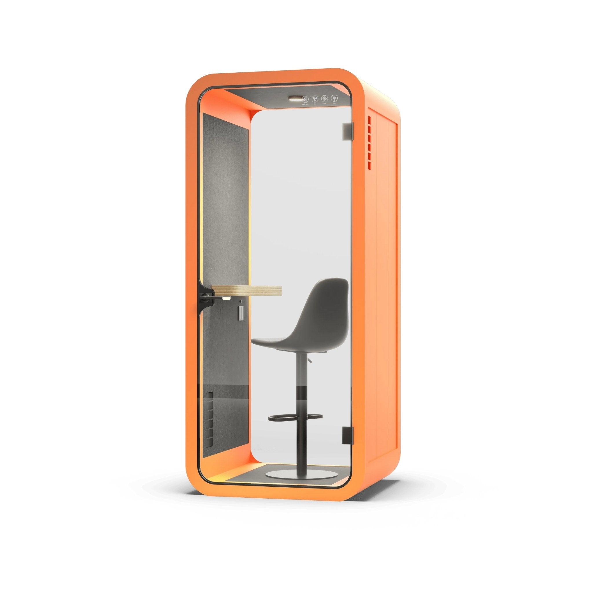 Orange portable office pod for 1 person with a black chair inside on a white background