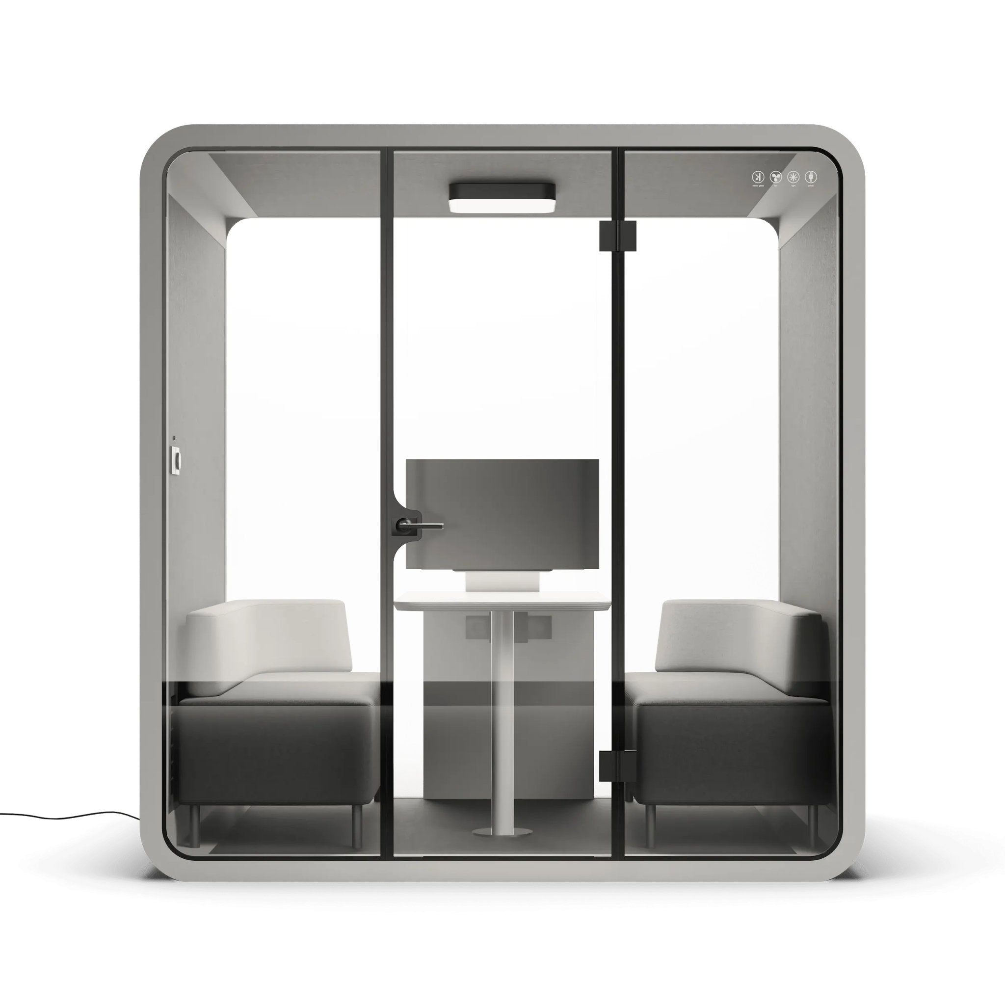 Front view of a 4 person modern office pod with grey frame, glass walls, desk, and chairs on a white background