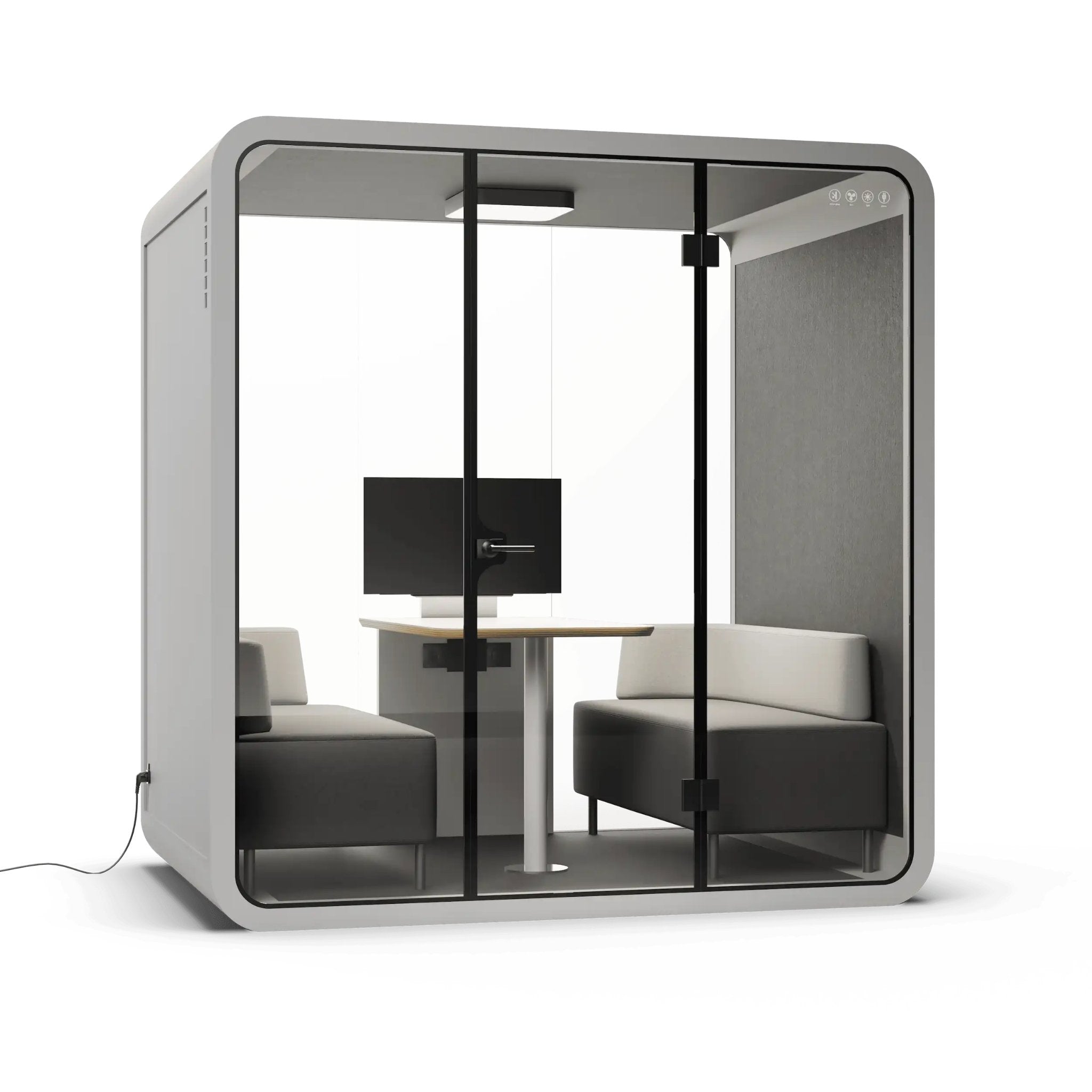 Angle view of a modern 4 person office pod with grey frame, glass walls, gray interior, and white exterior on a white background.