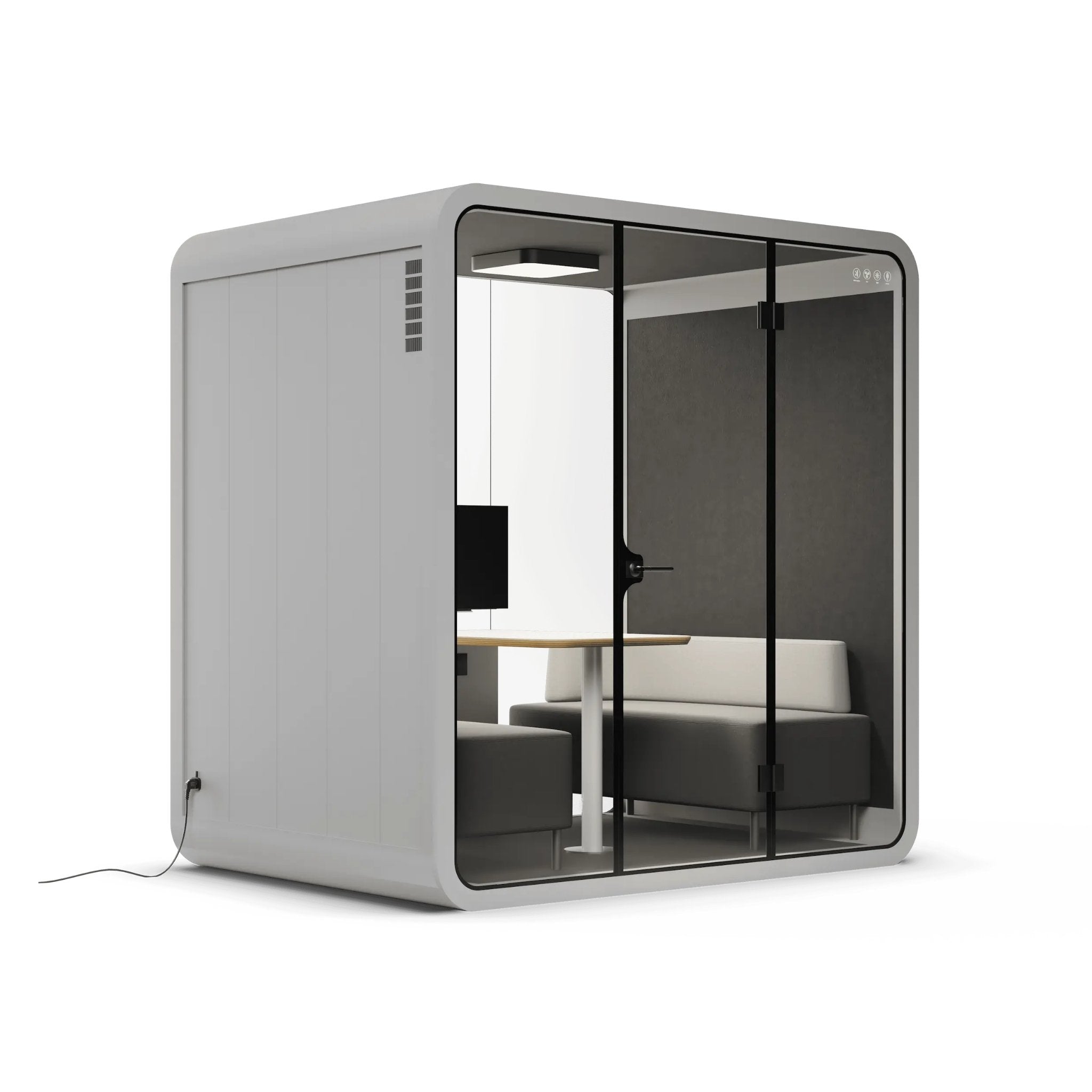 Side view of a modern 4 person office pod with grey frame, glass walls on a white background