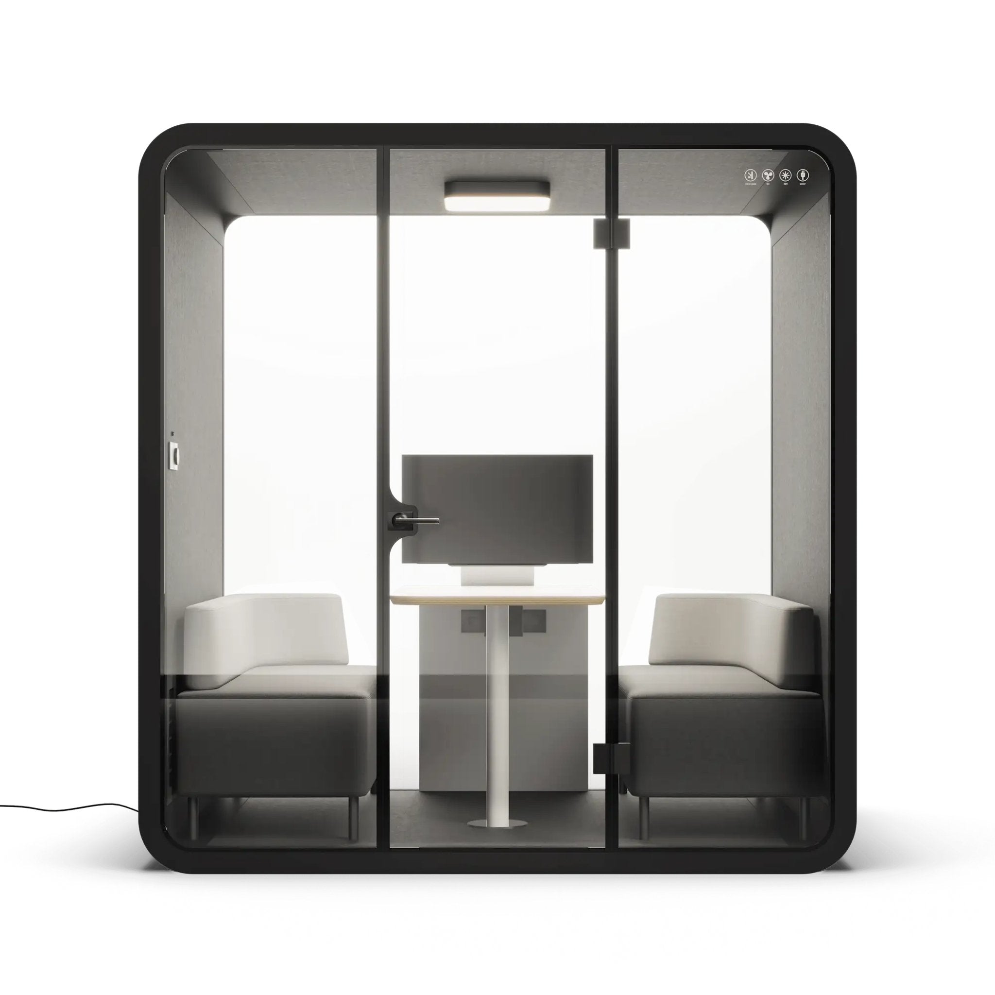 Front view of a modern 4 person office pod with black frame, glass walls, desk, and chairs on a white background