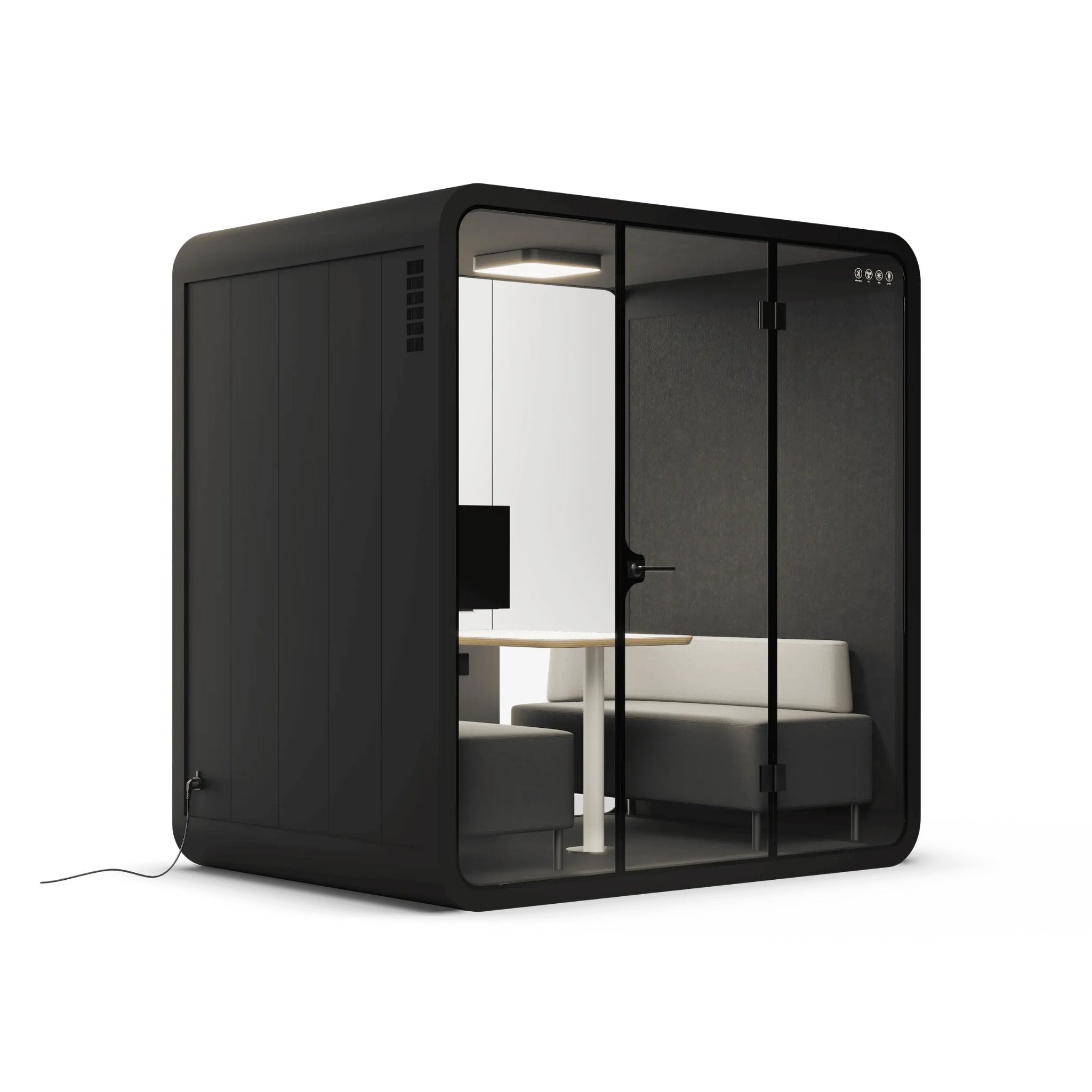 Side view of a 4 person black office pod with glass walls on a white background