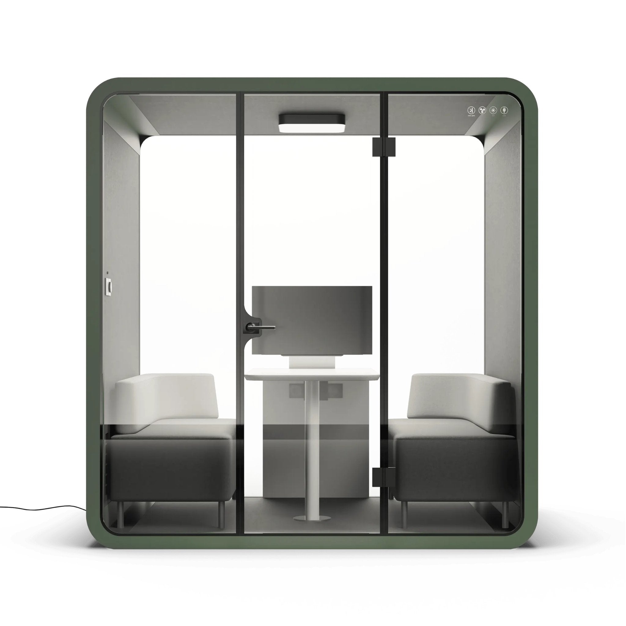 Front view of a green 4 person office pod with glass walls, green frame, and white interior.