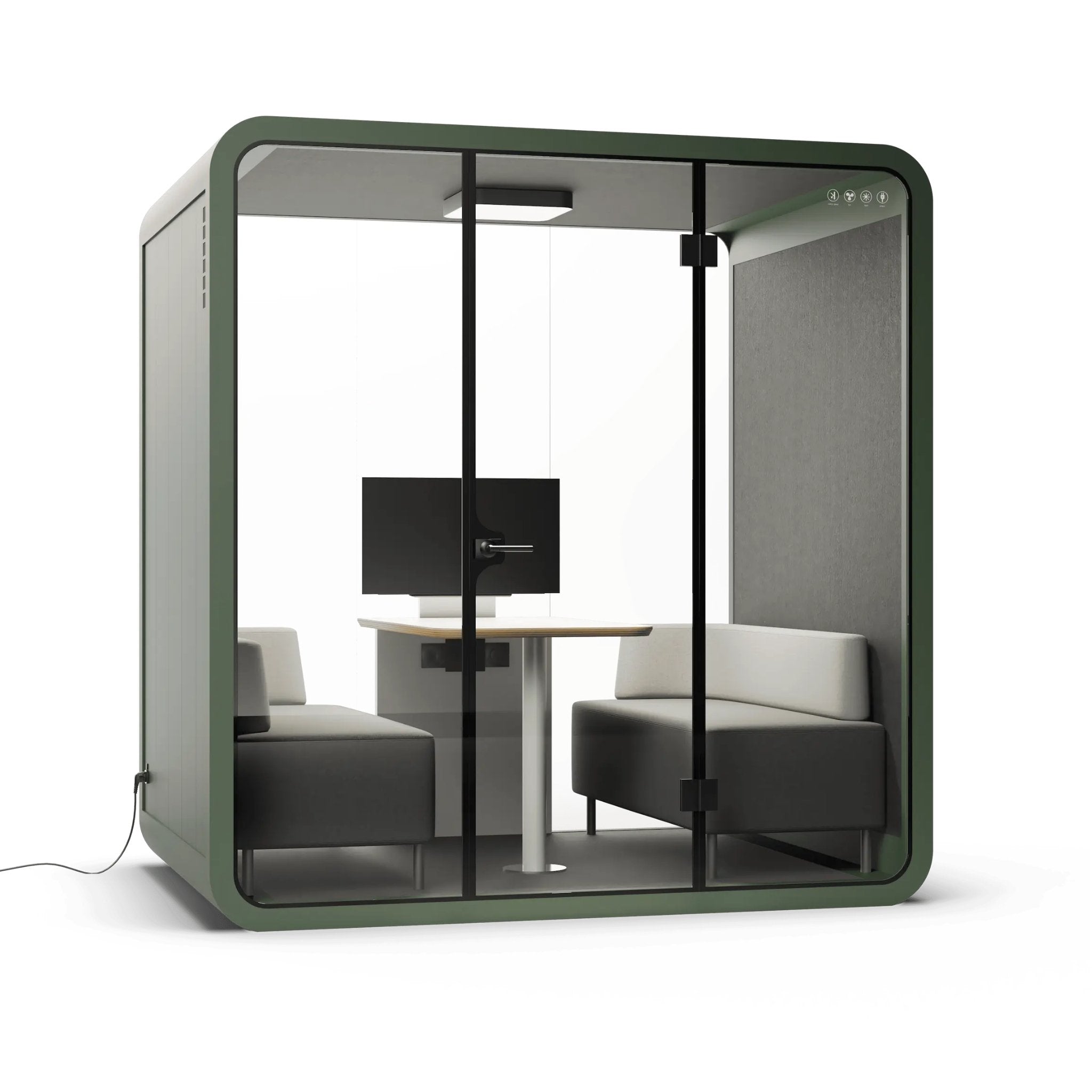 Modern 4 person office pod with green frame glass walls, desk, and chairs on a white background