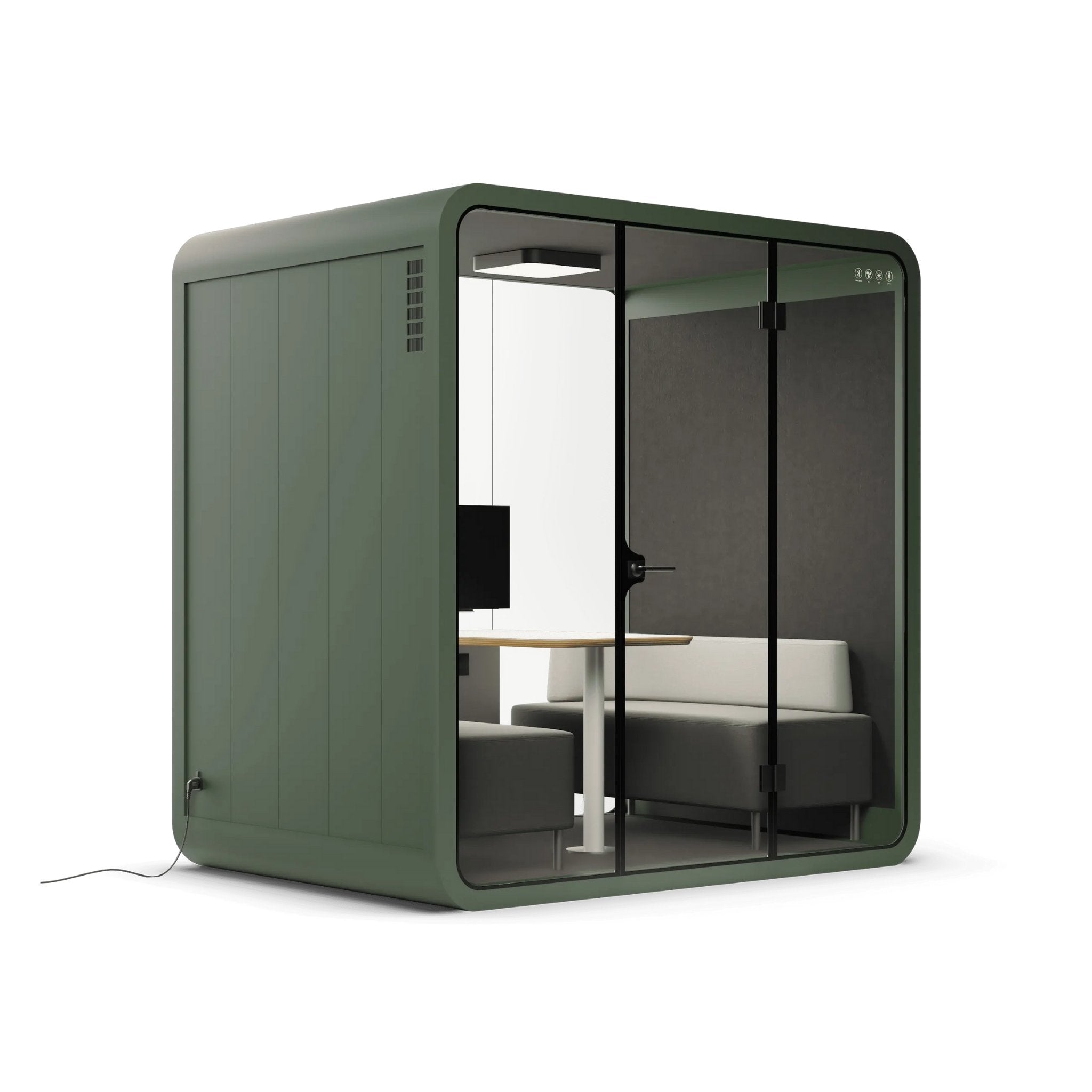 Side view of a green office phone booth pod with glass walls on a white background