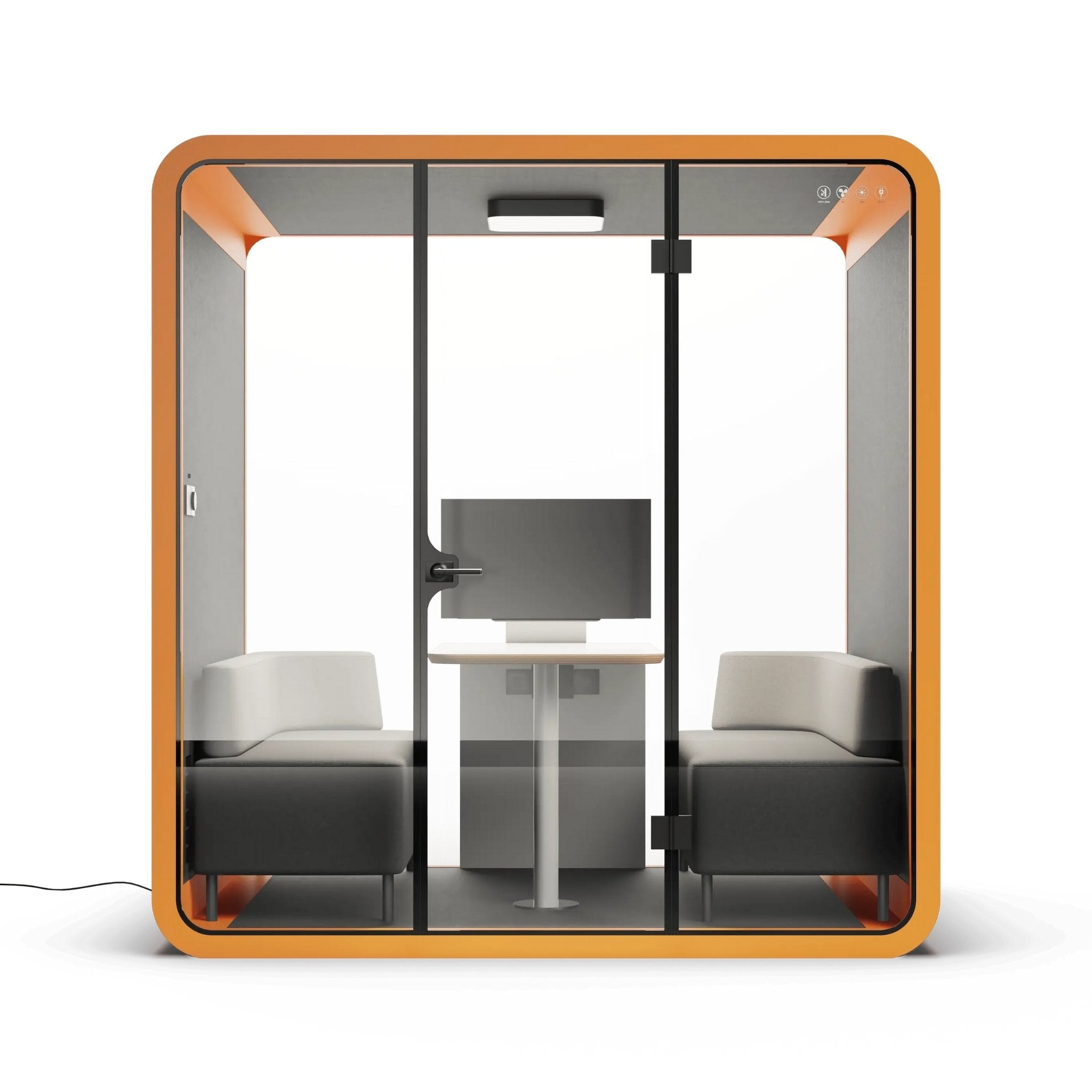 Front view of a modern 4 person office pod with glass walls, orange frame, and gray furniture on a white background