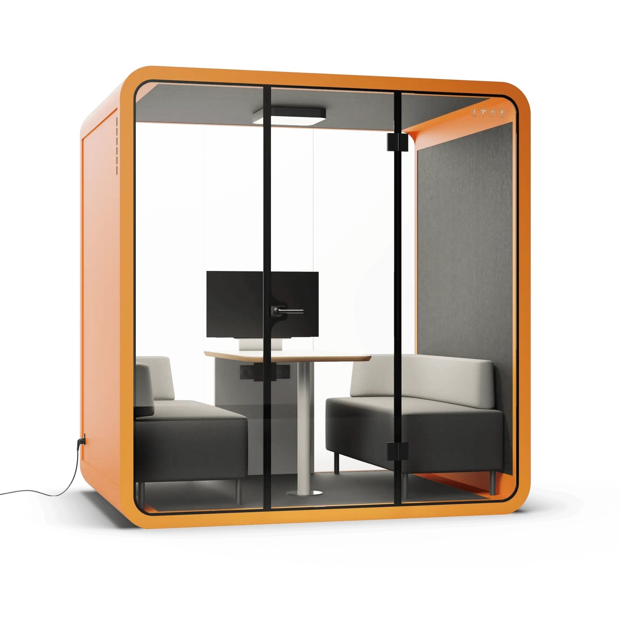 Angle view of a modern 4 Person office pod with orange frame, glass walls, and gray interior furniture on a white background.
