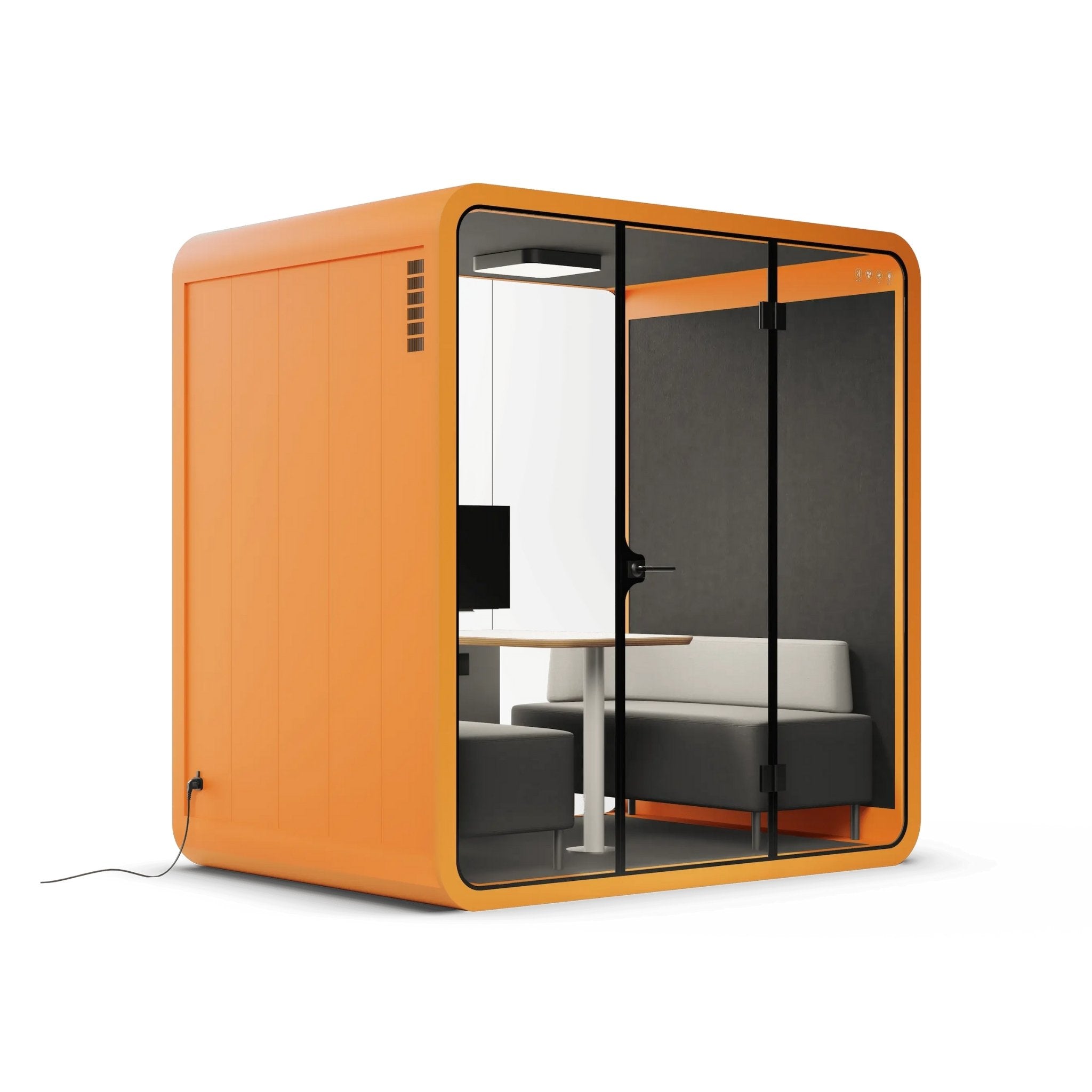 Side view of a 4 person orange office pod with glass walls on a white background