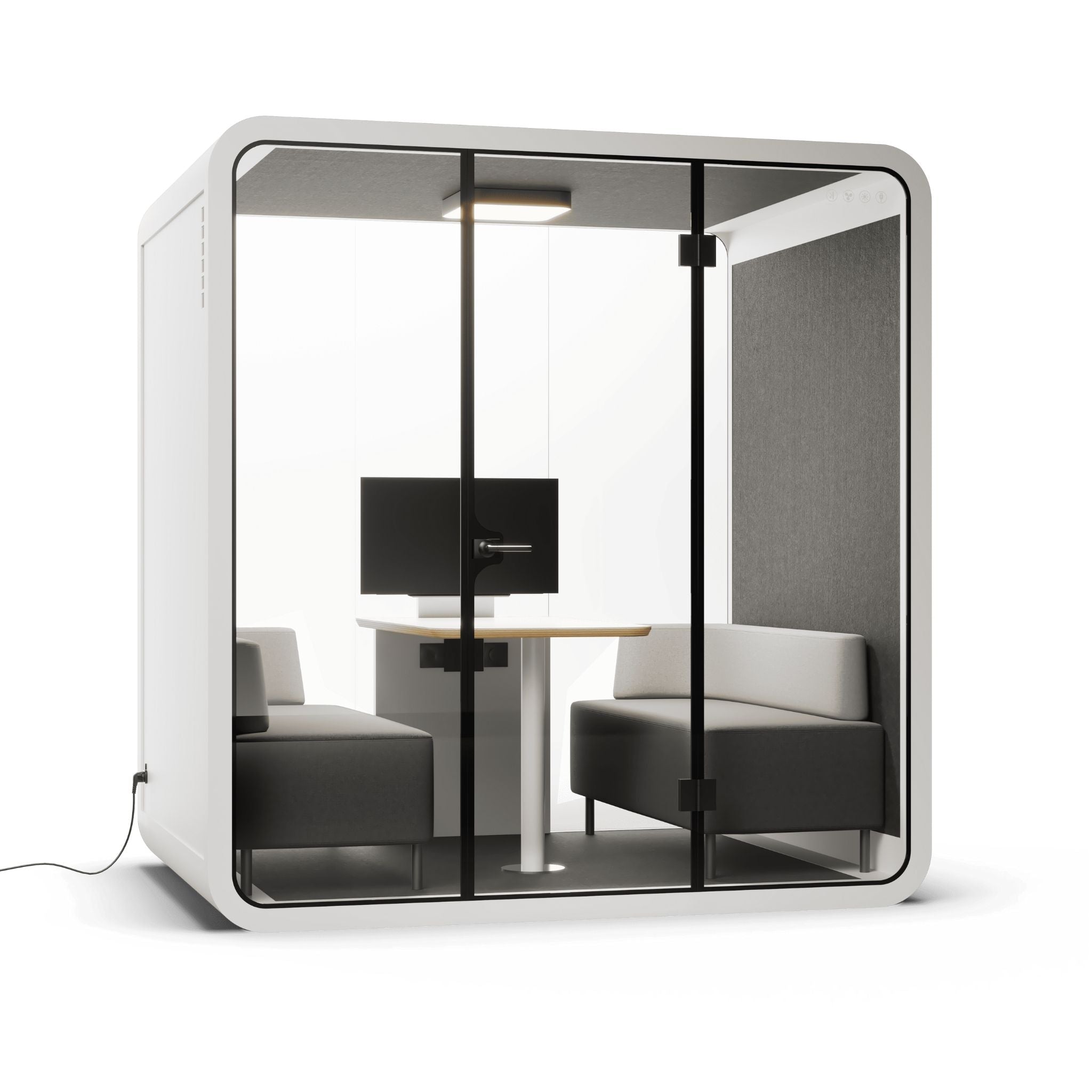 Modern 4 person office pod with white frame, glass walls and minimal furniture on a white background